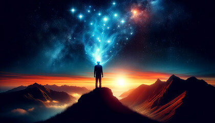 silhouette of a person stands on a mountain peak at sunrise, gazing into the vast universe, where stars and cosmic energy seem to connect with their mind. This image represents the exploration of