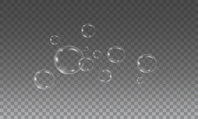 Realistic soap vector bubbles png isolated on transparent background. The effect of falling and flying bubbles. Glass bubble effect