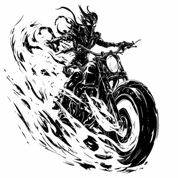 recommend clip art: A black and white illustration of a woman riding a motorcycle with fire trails behind her.