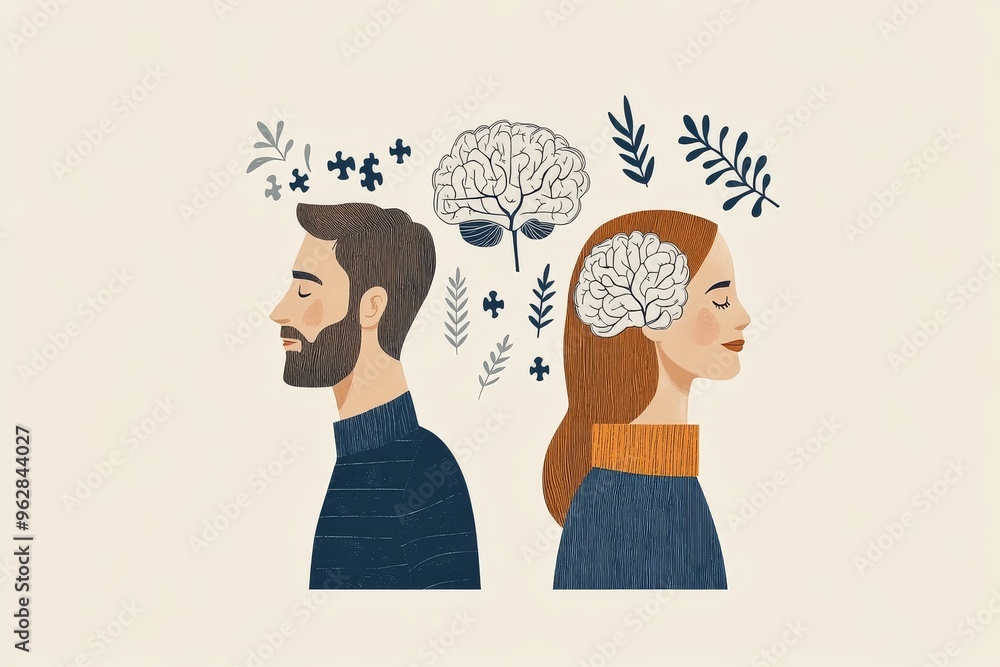 Poster future brain technology neural mesh whimsical illustration of a couple facing each other with glowin