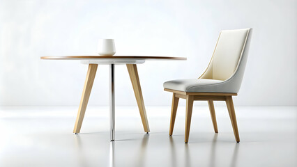 Fototapeta premium Stylish indoor dining area with a white mug and beige chairs Beige fabric chairs and a light wood table with a drawer