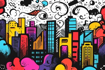 Obraz premium Colorful hand-drawn doodle cityscape with buildings, clouds, and abstract shapes.
