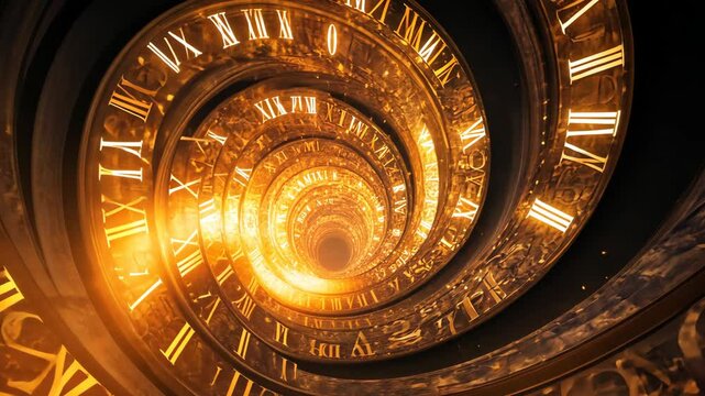 Exploring a mesmerizing spiral of ancient clocks illuminated by a fiery glow in a magical time vortex