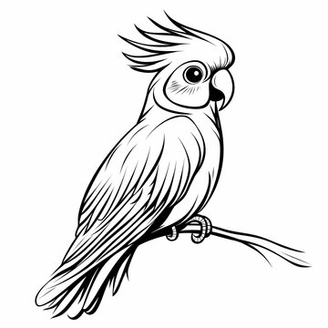 recommend clip art: Line drawing of a cockatoo perched on a branch.