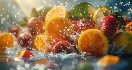 Animated fruit explosion representing the flavors of an exotic fizzy drink. Generative AI.