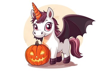 A cute unicorn with a black bat wing and a pumpkin in its mouth