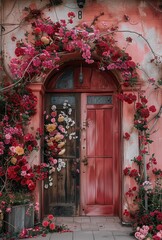 Arched door with flowers, pink and red tones. Generative AI.