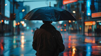 Photo of a man standing in the rain with an umbrella.