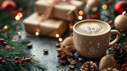 Ultra-realistic holiday coffee gifts, close-up of coffee-themed presents and festive decorations, detailed textures, high-definition clarity, natural light, elegant and cozy holiday atmosphere