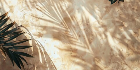 Shadow of palm leaves on a beige textured wall artistic nature concept