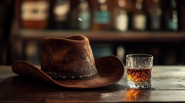 Cowboy hat and glass drink on a bar counter, creating a classic Western ambiance
 seamless looping 4k time-lapse virtual video animation background. generated ai