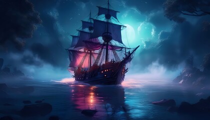 Fototapeta premium A ghost ship sailing through foggy waters at night