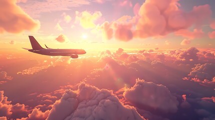 A serene airplane soaring through colorful clouds at sunset, evoking a sense of adventure and tranquility.