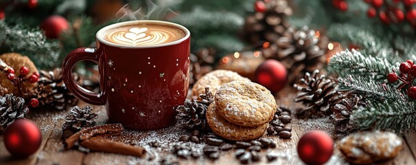 3D Holiday Coffee Setup with Christmas-Themed Decorations, Festive Coffee Mug, and Seasonal Treats
