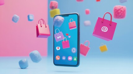 A 3D smartphone with floating icons of shopping bags, chat messages, and like buttons, promoting online shopping on social media