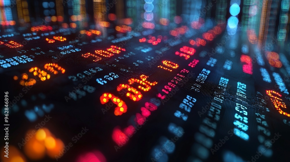 Aufkleber close-up of a stock ticker with red and orange numbers illuminated against a dark background.