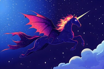 Fototapeta premium A unicorn with a dragon tail flying through the sky