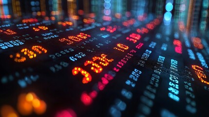 Obraz premium Close-up of a stock ticker with red and orange numbers illuminated against a dark background.