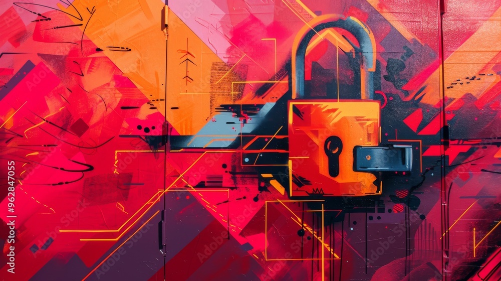 Poster An orange padlock is mounted on a wall covered with abstract red and black designs. The vibrant colors and geometric patterns highlight the contrast between security and creativity.