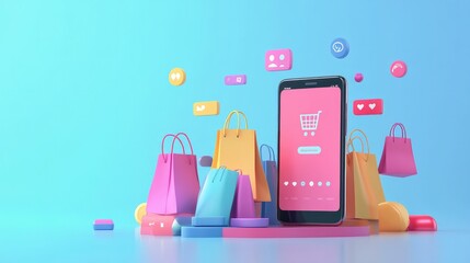 A modern 3D illustration of a smartphone with shopping bags, chat messages, and 24-hour icons, highlighting social media shopping features