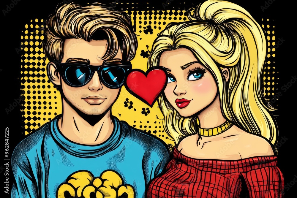 Aufkleber cognitive chip neuro network pop art style illustration of a couple with sunglasses and puzzle brain