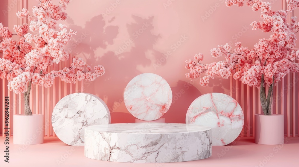 Sticker Marble podium on pink background for beauty presentation