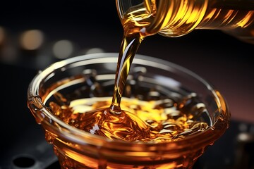 Pouring maple syrup into glass bowl on dark background, closeup
