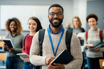 A smiling male student standing in front of his classmates in a classroom.