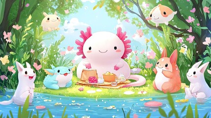 An axolotl happily enjoying a delightful picnic by the pond, surrounded by various adorable animal friends sharing food and fun in a vibrant, lush, and whimsical setting.