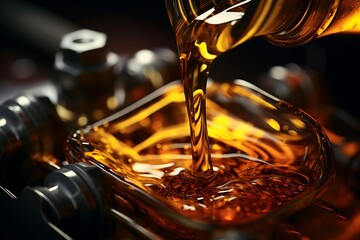 Pouring maple syrup into glass bowl on dark background, closeup