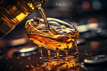 Pouring maple syrup into glass bowl on dark background, closeup