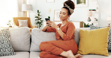 Smartphone, smile and woman in home, sofa and chilling in living room, app and relax in apartment....