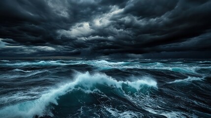 A turbulent ocean scene with dark storm clouds looming overhead and powerful waves crashing in the foreground - AI Generated Digital Art.
