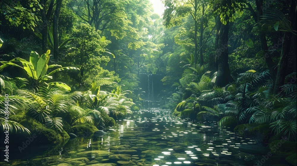 Leinwandbilder A lush green forest, surrounded by towering trees and a stream running through it. The background is a dense jungle. Generative AI.
