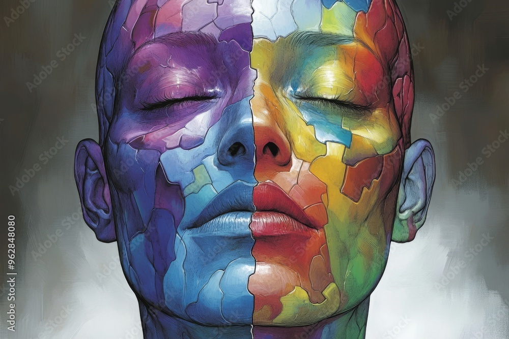 Poster neural enhancement neuro network vibrant abstract illustration of a face with colorful brain pattern
