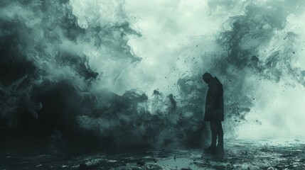 Obraz premium Silhouette of a Lonely Figure in a Foggy Dream