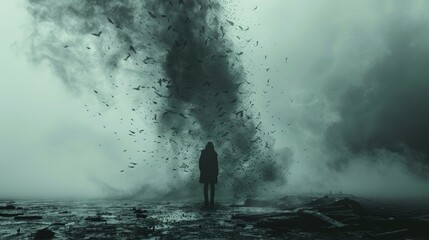 Fototapeta premium Lonely Figure in a Foggy Landscape - Surreal Art