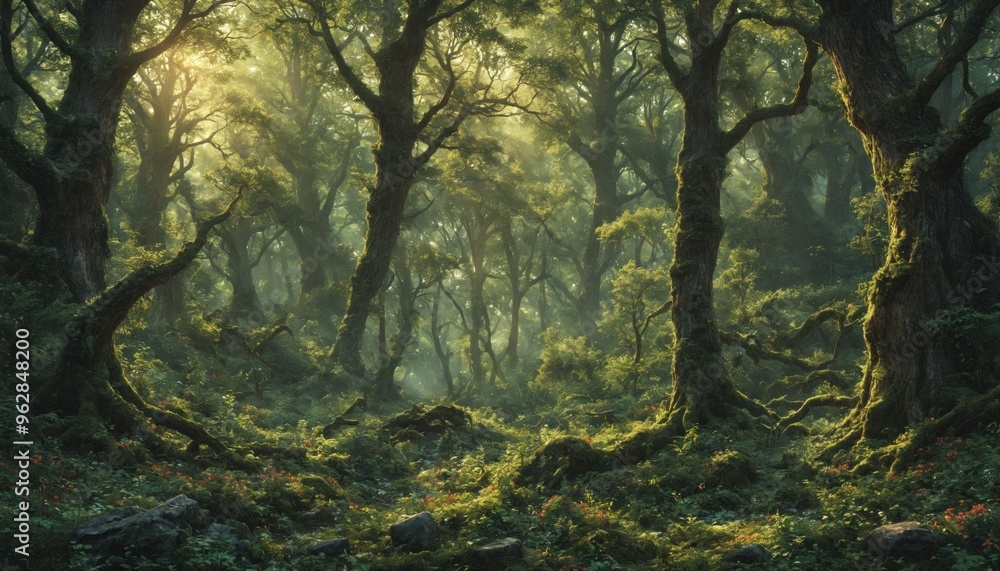 Poster sunlight streams through the branches of a misty forest at dawn, illuminating a path through the den