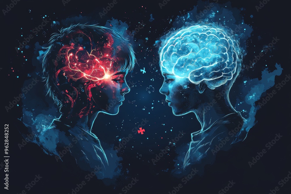 Aufkleber future brain technology neuro network digital art of two brains glowing in red and blue symbolizing 