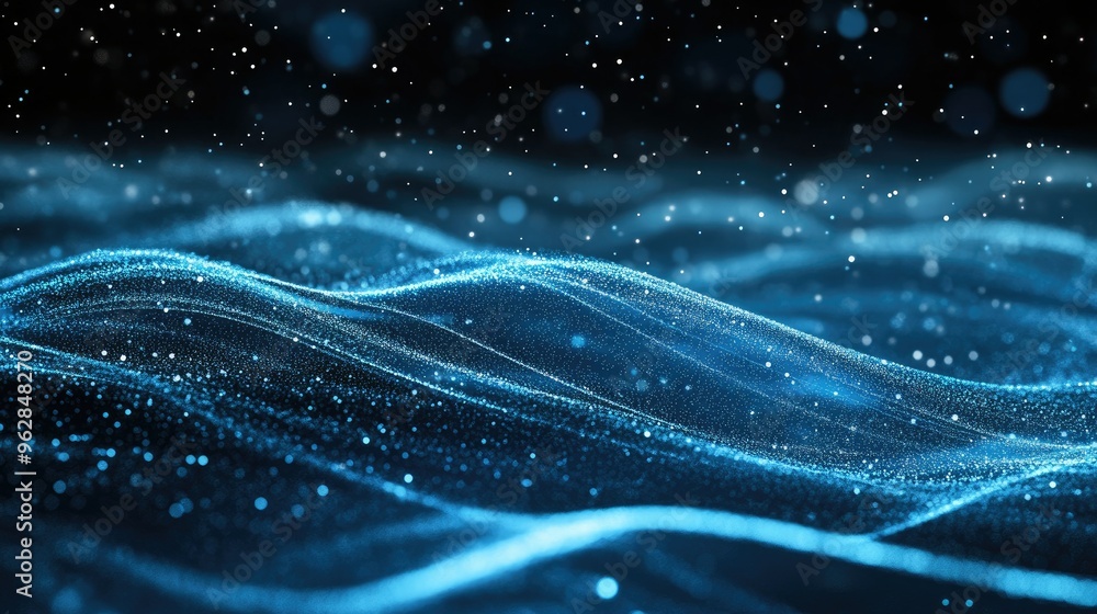 Poster 3d abstract digital interface with blue horizontal particle lines flowing smoothly on a black backgr