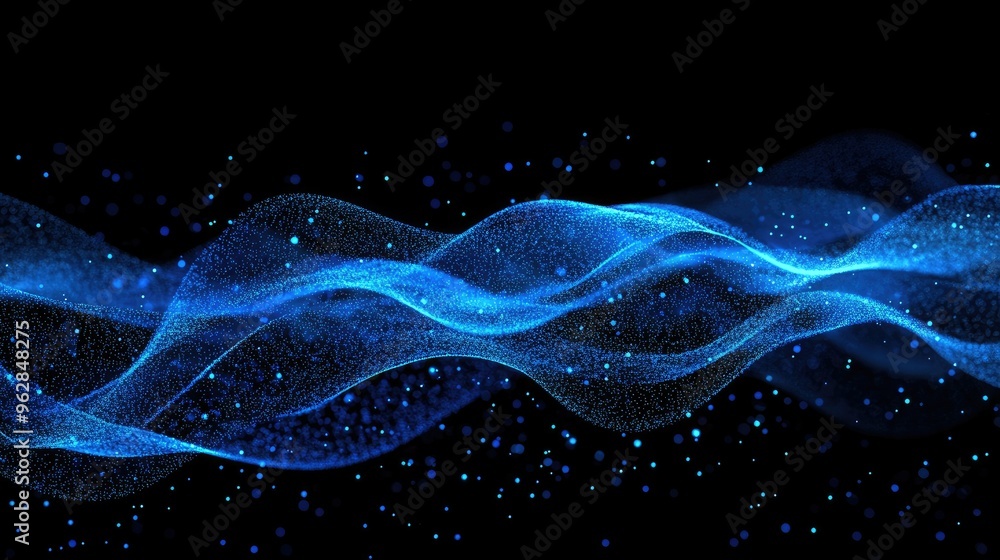 Poster 3d abstract digital interface with blue horizontal particle lines flowing smoothly on a black backgr