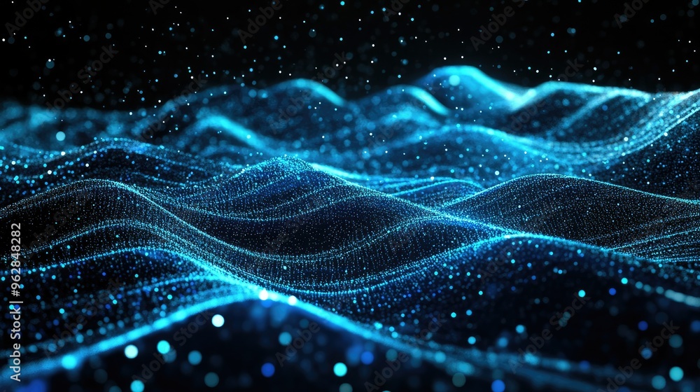 Poster 3d abstract digital interface with blue horizontal particle lines flowing smoothly on a black backgr