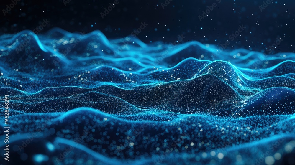 Poster 3d abstract landscape with flowing blue particle lines on a dark background, emphasizing the concept