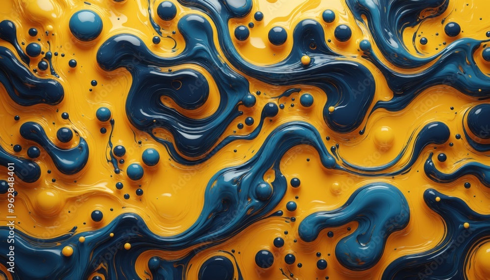 Poster blue and yellow paint swirl together, creating an abstract design with many small bubbles
