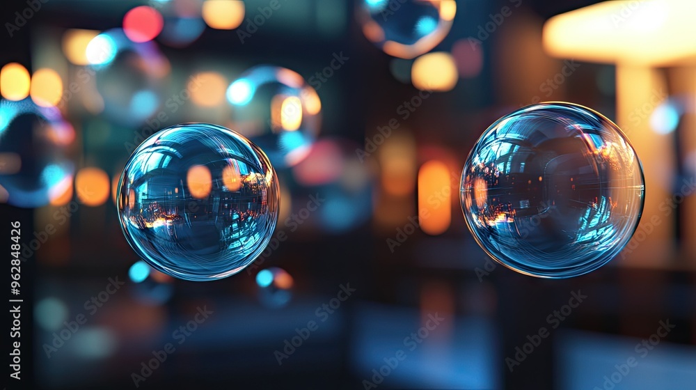 Poster 3d rendered shiny chat bubbles floating in an open room environment, reflecting light and creating a