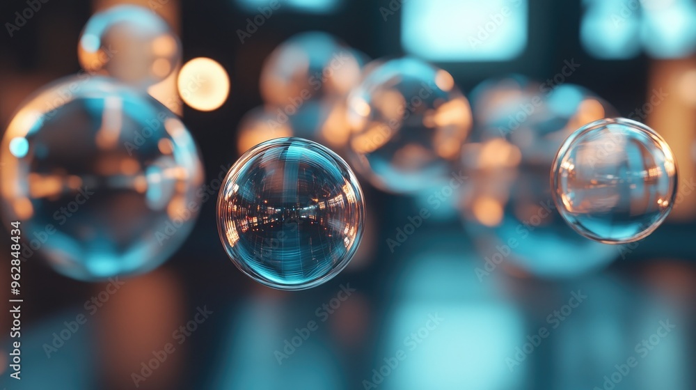 Poster 3d rendered shiny chat bubbles floating in an open room environment, reflecting light and creating a