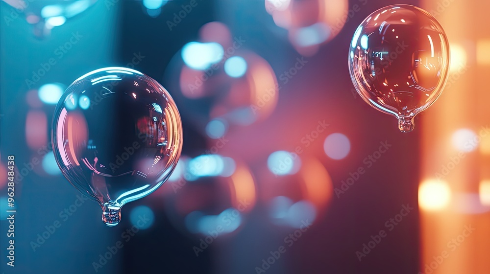 Poster 3d rendered shiny chat bubbles floating in an open room environment, reflecting light and creating a
