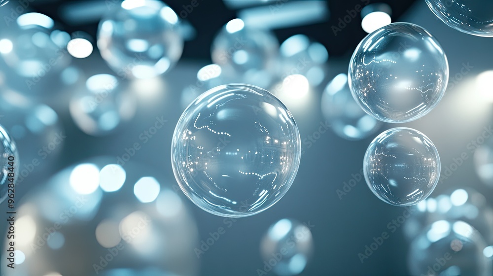 Poster 3d rendered shiny chat bubbles floating in an open room environment, reflecting light and creating a