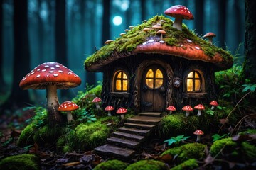 A charming miniature mushroom house with glowing windows sits in a dark forest, surrounded by moss and mushrooms, under a full moon