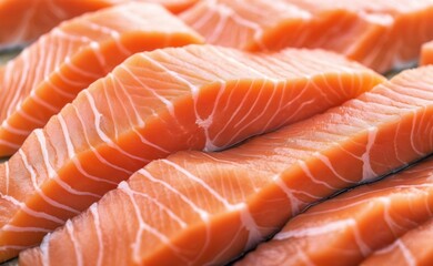 Close-up of raw salmon fillets, arranged in a neat stack, showcasing their vibrant orange hue and distinct white marbling